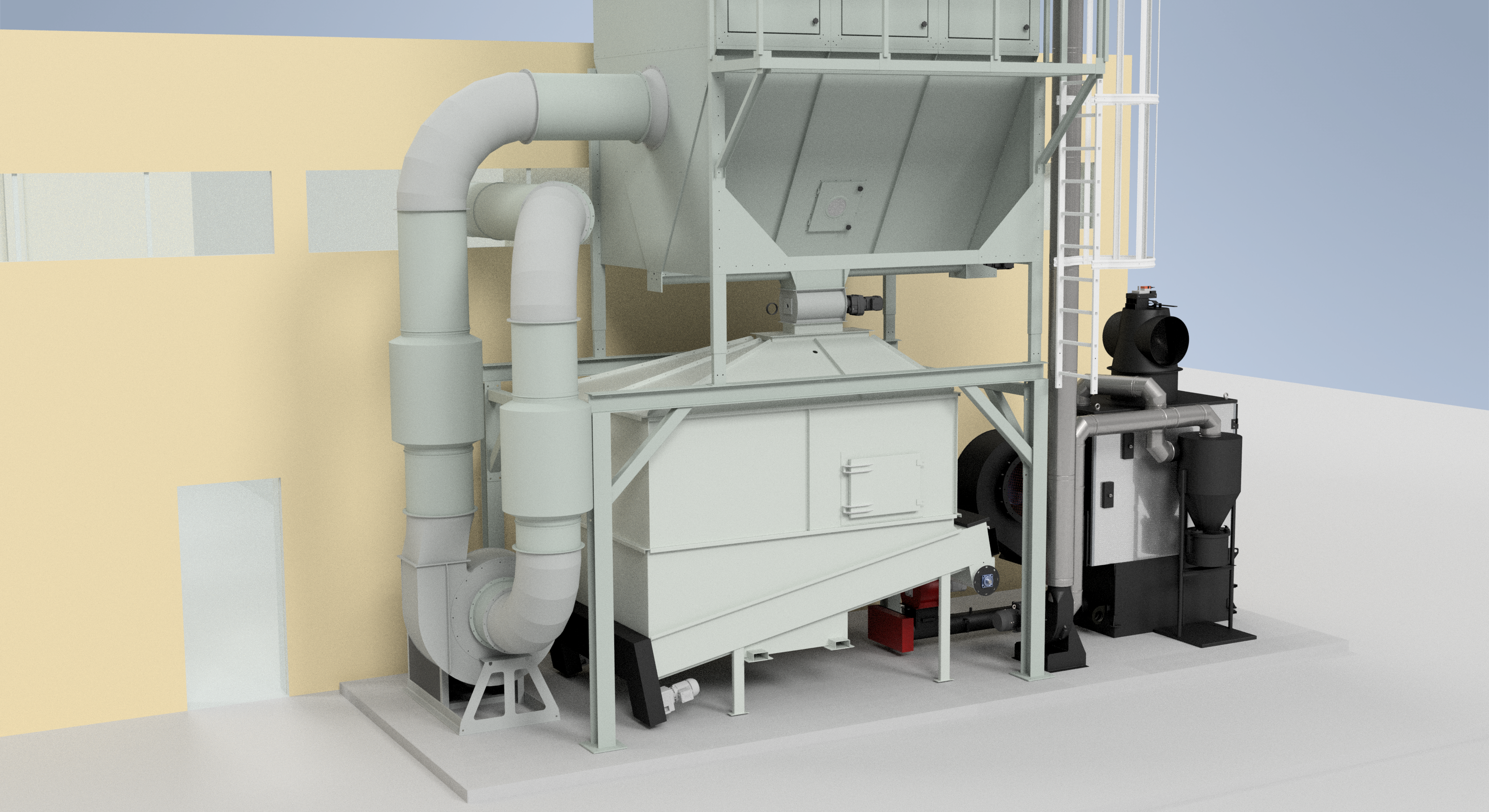 Dust extraction filter mounted above a biomass silo with rotary valve connection.