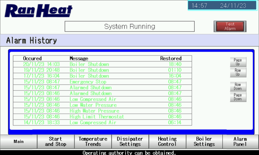 Remote access alarms page