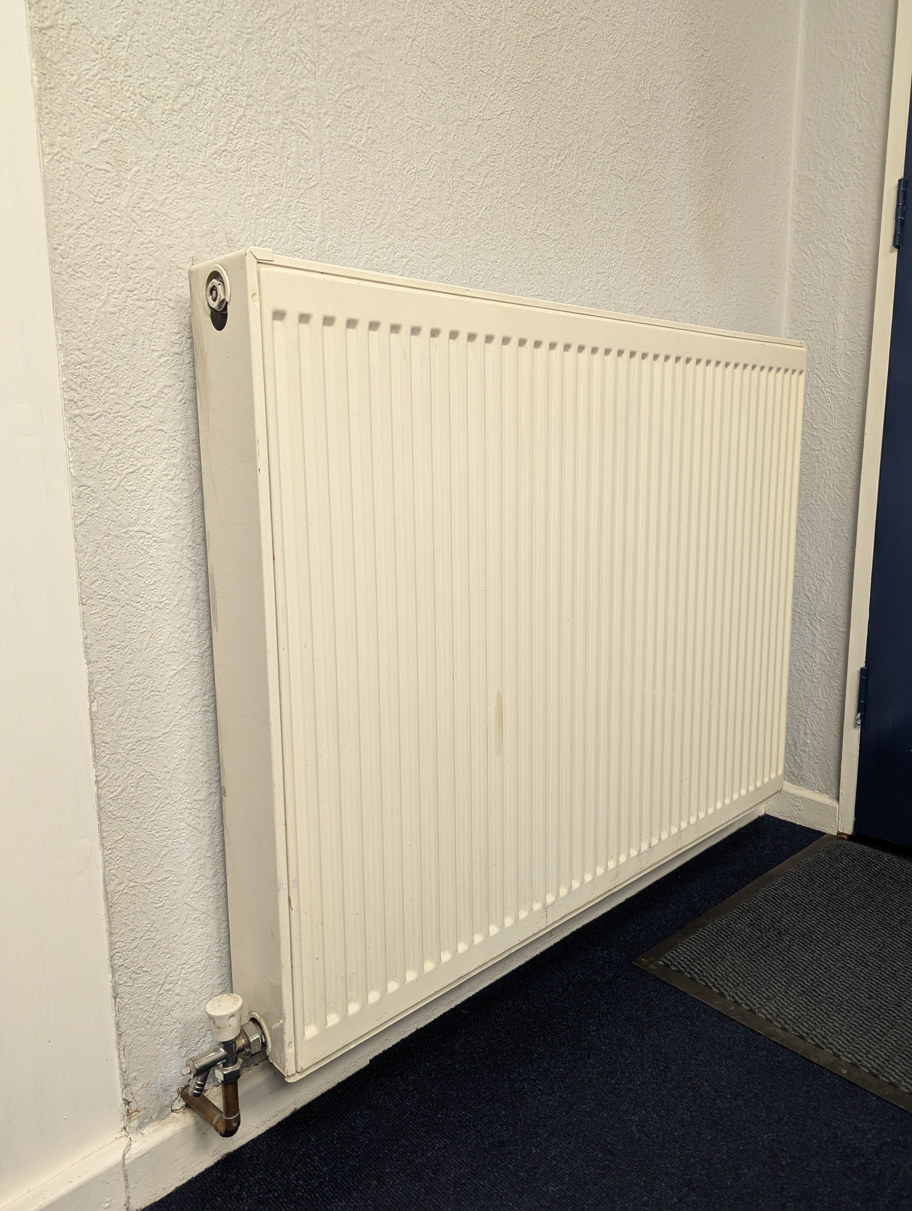 Office radiator heated by a biomass boiler through a plate heat exchanger.