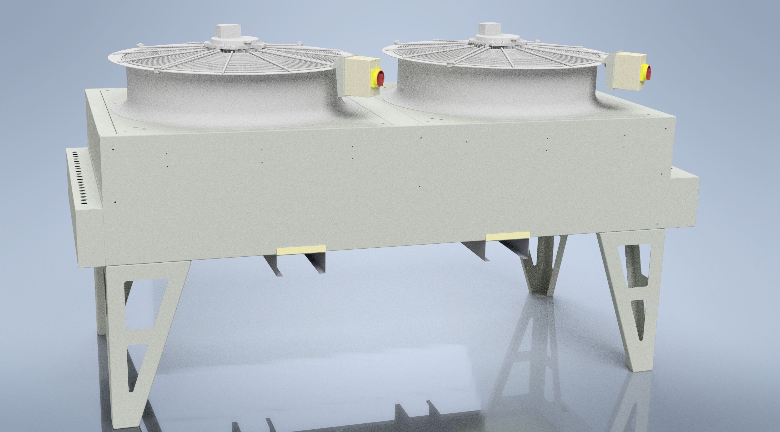 Render of Ranheat 300kW biomass boiler dissipator with copper coil and twin axial fans for safe summer operation.