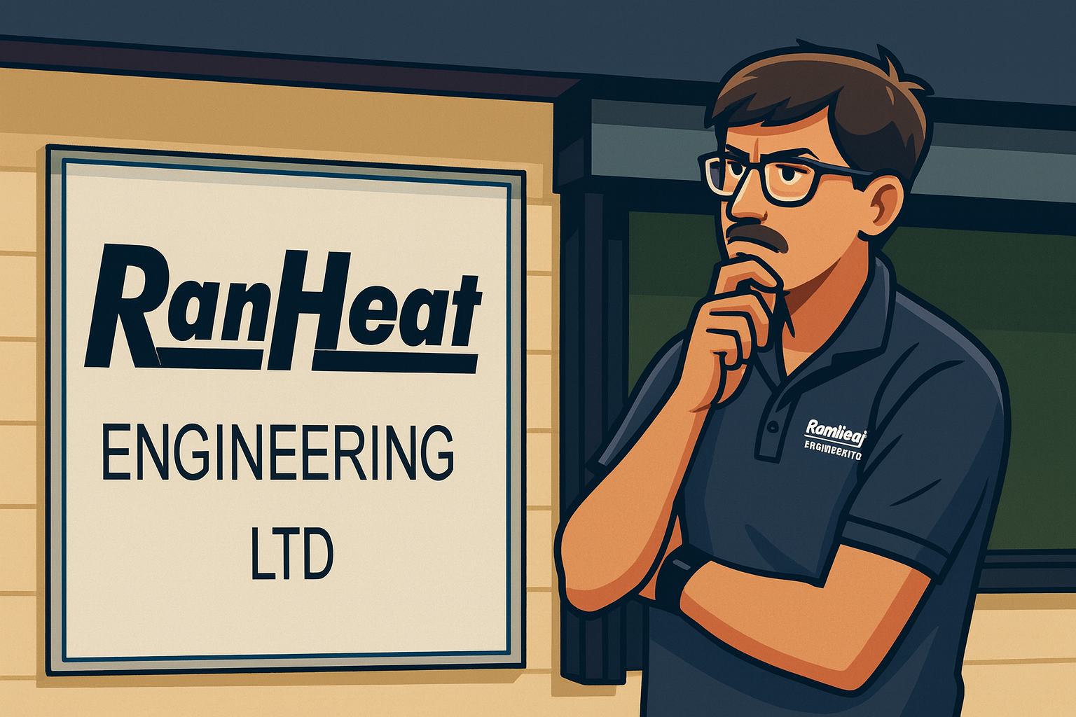 Alexander Franklin contemplating biomass boiler engineering outside the Ranheat Engineering headquarters, for the “Fire Always Wins” article.