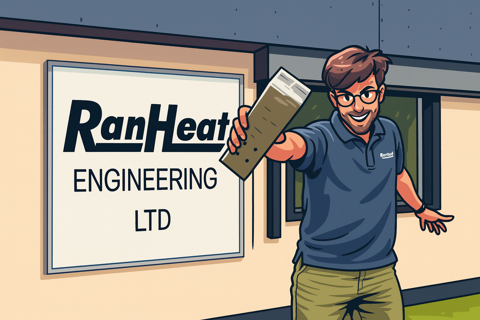Cartoon of Alexander Franklin holding a firebar outside Ranheat Engineering, illustrating the Fire Always Wins boiler design philosophy.
